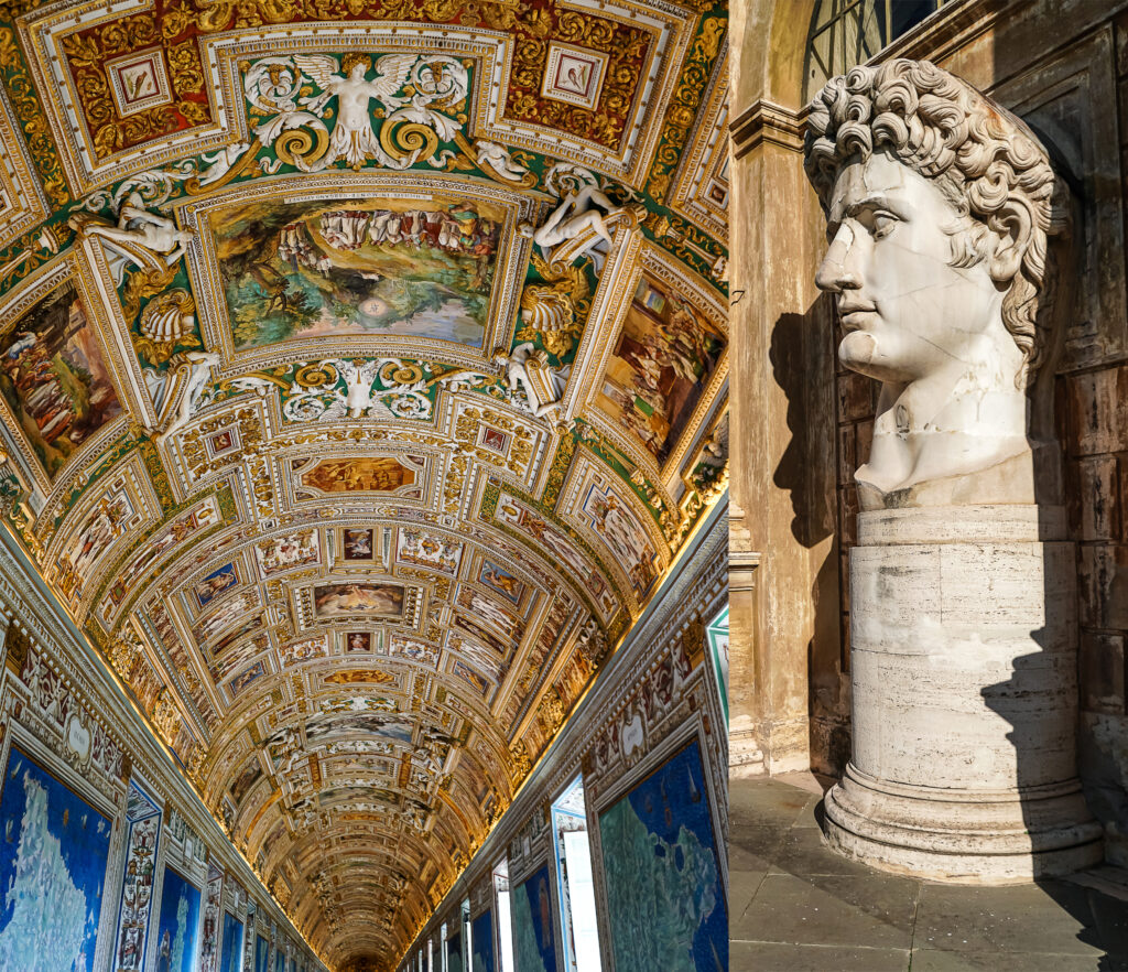 caesar augustus head statue near paintings on walls and ceiling in gallery of maps at vatican museum -