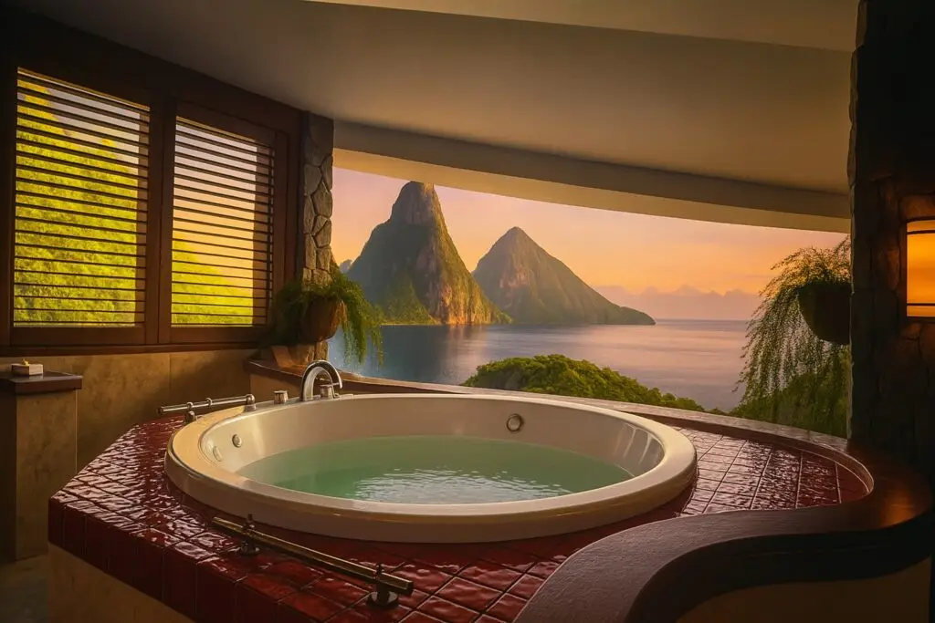 Open air suite at Jade Mountain resort in St. Lucia with private jacuzzi overlooking the pitons and the caribbean sea at sunset- perfect for romantic luxery getaways