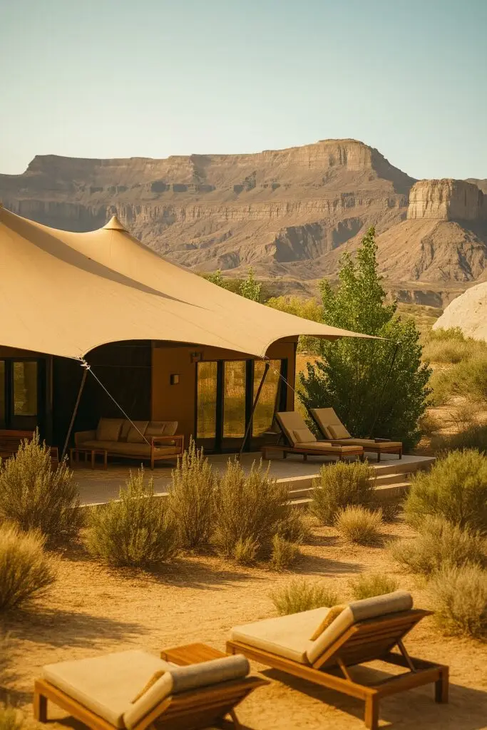 Luxury tented suite at Amangiri in Utah with panoramic views of dramatic desert cliffs and rugged canyons-ideal for a secluded romantic escape