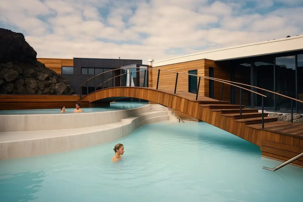 Luxery geothermal spa pools at the retreat at blue lagoon in iceland, with modern architecture and milky-blue mineral-rich waters surrounded by lave rocks