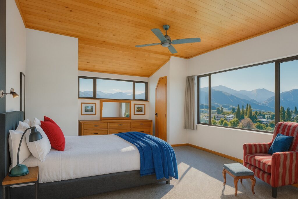 Romantic bedroom with panoramic mountain views at the lake house in lake tekapo New Zealand