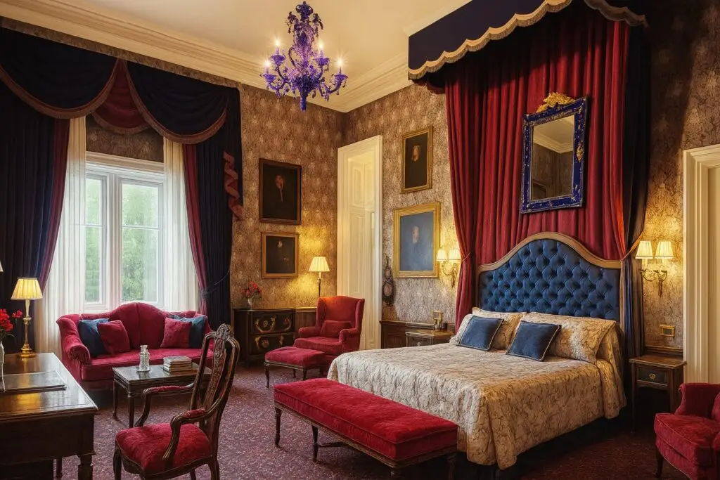 Luxurious royal suite at Ahford Castle in Ireland with red velvet decor, canopy bed, for a fairytale couple's stay.