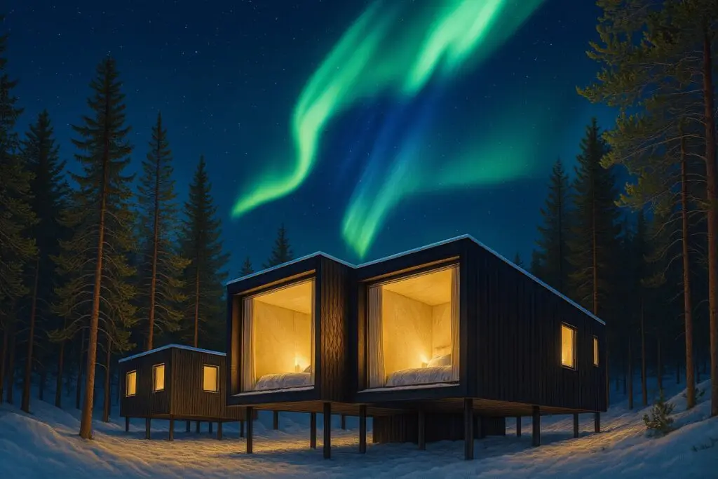 Glass-fronted Artic treehouse hotel suite with view of the northern lights in Rovaniemi , Finland - Romantic winter getaway for Couples