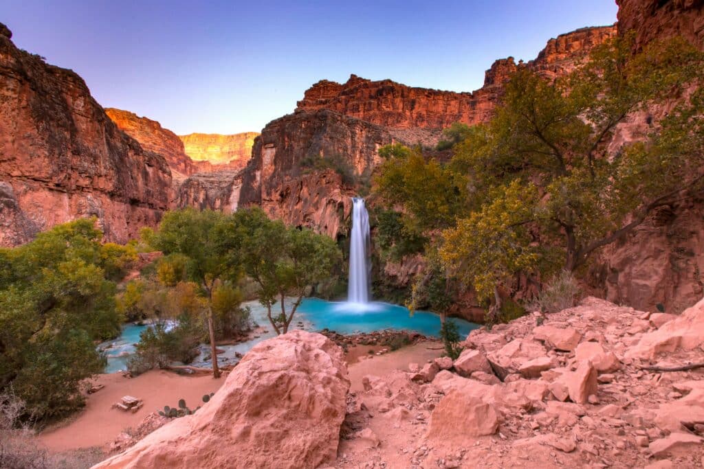 Scenic view of Havasu Falls along the trail from Hualapai Hiltop to Supai Village